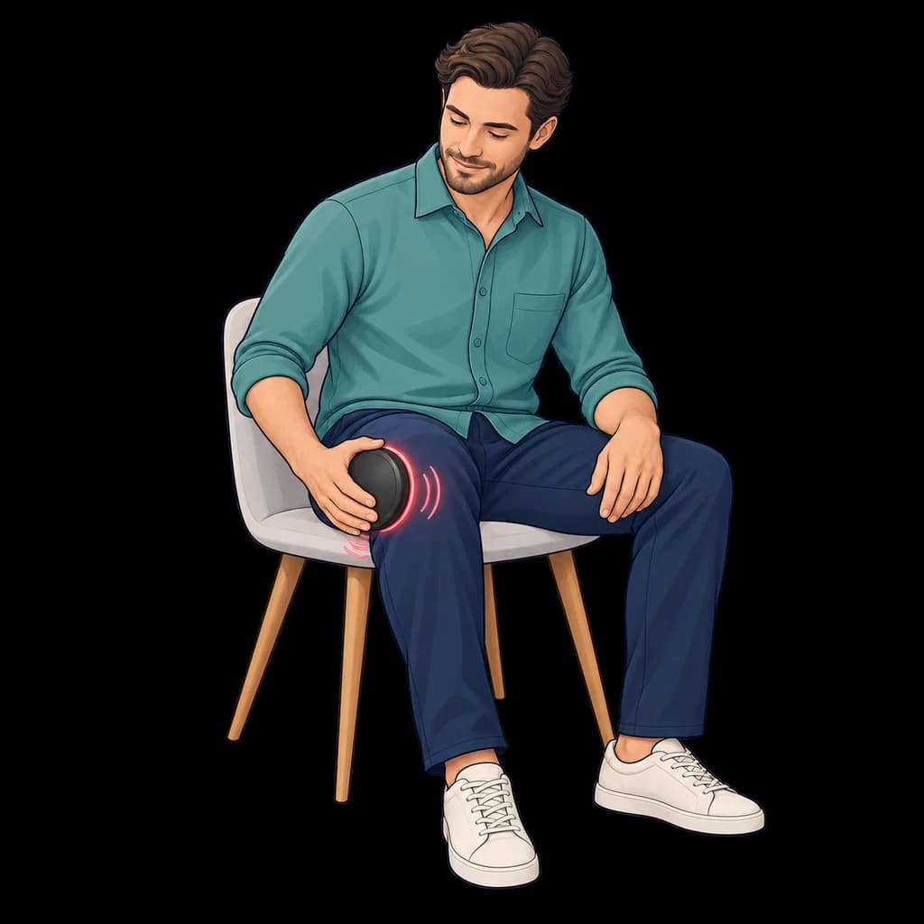 Illustration d’un adulte assis tenant le Glowing IC Pad contre son genou, par-dessus ses vêtements, avec des ondes symboliques autour du dispositif