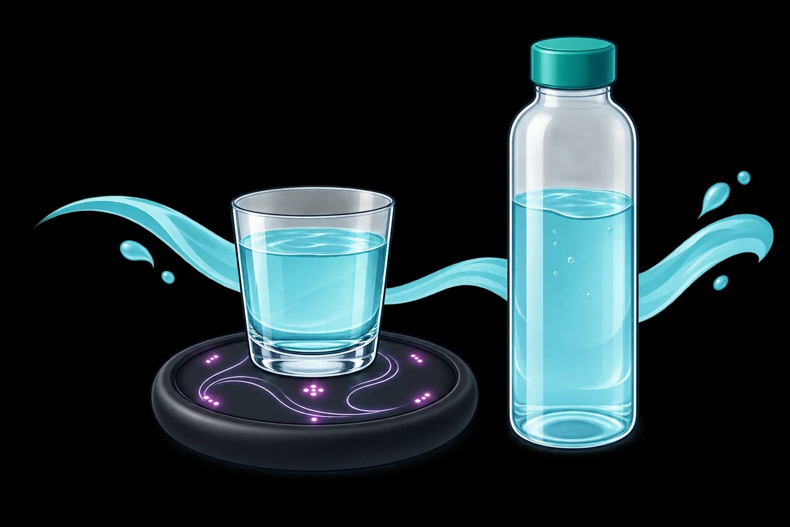 Illustration d’un verre d’eau posé sur un Glowing IC Pad lumineux, avec une bouteille d’eau à ses côtés